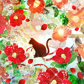 大正浪漫 椿黒猫その他の花 和風 幻想壁紙